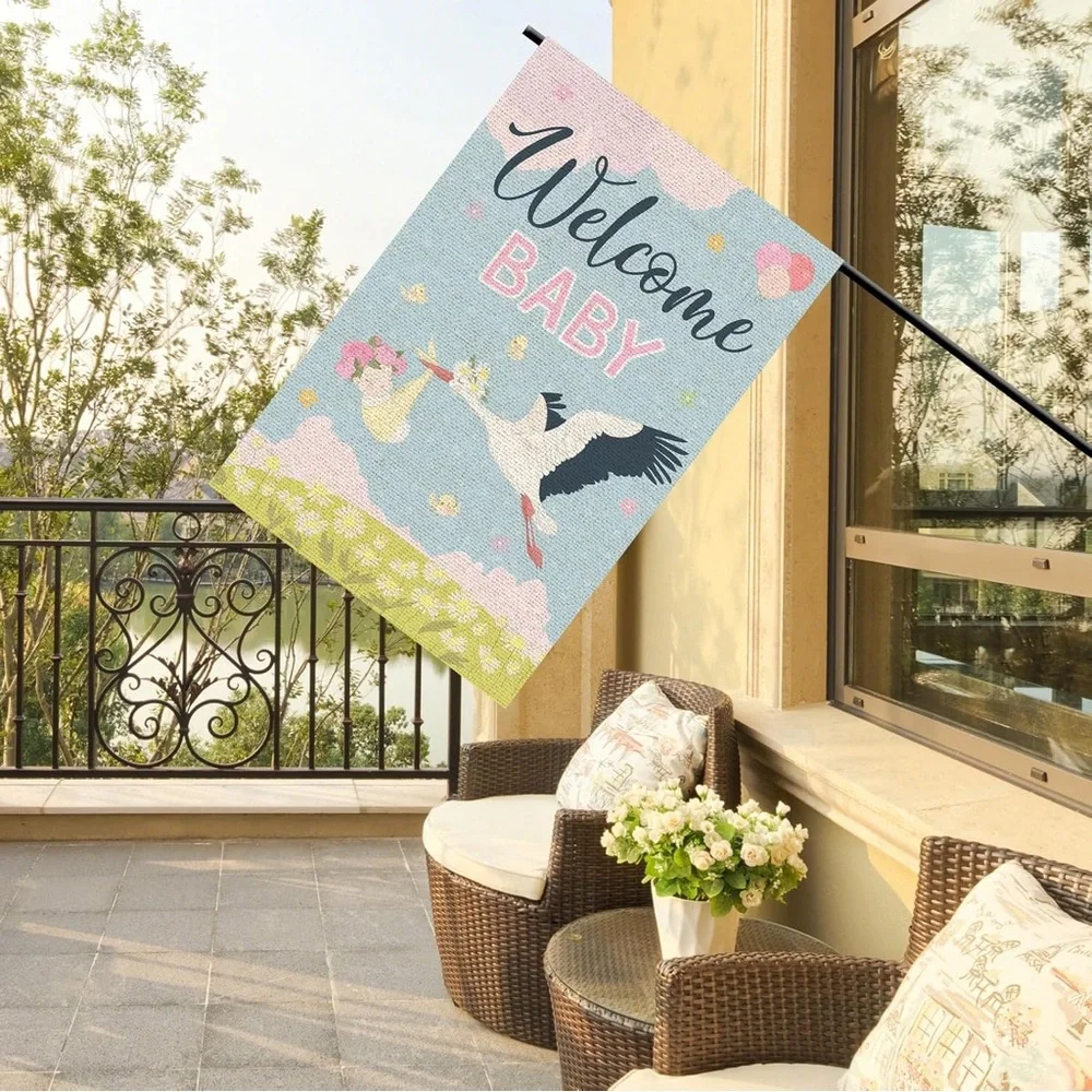 Welcome Baby Stork Garden Flag Double Sided Burlap Outdoor Yard Flag 12x18”